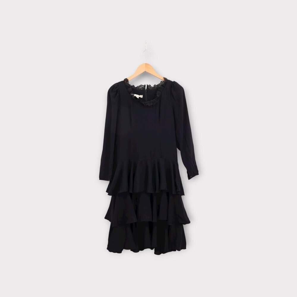 Vintage Candi Jones California Dress Black Long Sleeve Prairie Ruffle Small EST